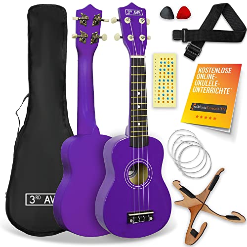 3rd Avenue Sopran-Ukulele mit 54 cm/21“, Anfängerset – Tasche, Ständer, Gurt, Saiten, Plektren und Griffbrett-Aufkleber – in Lila – KOSTENLOSE 1-monatige Online-Lektionen von 3rd Avenue