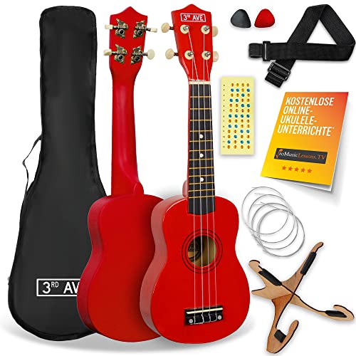 3rd Avenue Sopran-Ukulele mit 54 cm/21“, Anfängerset – Tasche, Ständer, Gurt, Saiten, Plektren und Griffbrett-Aufkleber – in Rot – KOSTENLOSE 1-monatige Online-Lektionen von 3rd Avenue