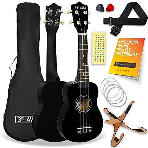 3rd Avenue Sopran-Ukulele mit 54 cm/21“, Anfängerset – Tasche, Ständer, Gurt, Saiten, Plektren und Griffbrett-Aufkleber – in Schwarz – KOSTENLOSE 1-monatige Online-Lektionen von 3rd Avenue