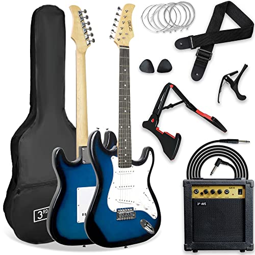 3rd Avenue XF 4/4 E-Gitarrenset in Normalgröße, Luxus-Set mit 10 W Verstärker, Kabel, Ständer, Gigbag, Gurt, Ersatzsaiten, Plektren, Kapodaster – in Blau von 3rd Avenue