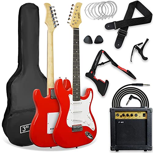 3rd Avenue XF 4/4 E-Gitarrenset in Normalgröße, Luxus-Set mit 10 W Verstärker, Kabel, Ständer, Gigbag, Gurt, Ersatzsaiten, Plektren, Kapodaster – in Rot von 3rd Avenue