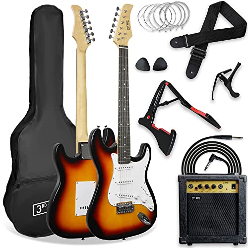 3rd Avenue XF 4/4 E-Gitarrenset in Normalgröße, Luxus-Set mit 10 W Verstärker, Kabel, Ständer, Gigbag, Gurt, Ersatzsaiten, Plektren, Kapodaster – in Sunburst von 3rd Avenue