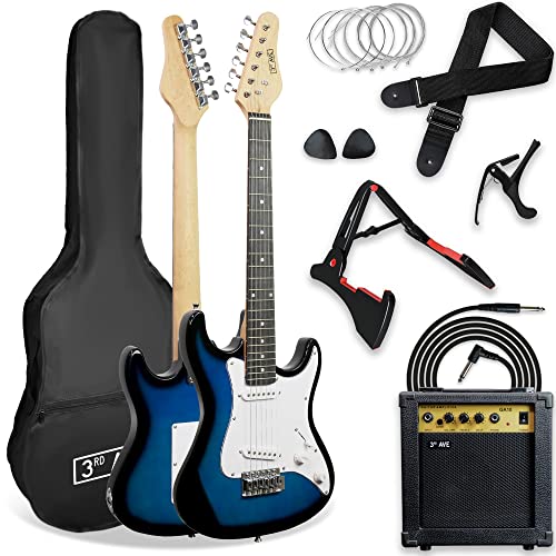 3rd Avenue XF E-Gitarrenset in 3/4-Größe, Luxus-Set mit 10 W Verstärker, Kabel, Ständer, Gigbag, Gurt, Ersatzsaiten, Plektren, Kapodaster – in Blau von 3rd Avenue