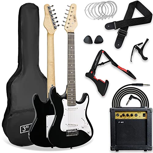3rd Avenue XF 3/4 Size E-Gitarre Ultimate Kit Mit 10-W-Verstärker, Digitalem Stimmgerät, Kabel, Ständer, Gigbag, Gurt, Ersatzsaiten, Plektren, Kapodaster - Schwarz von 3rd Avenue