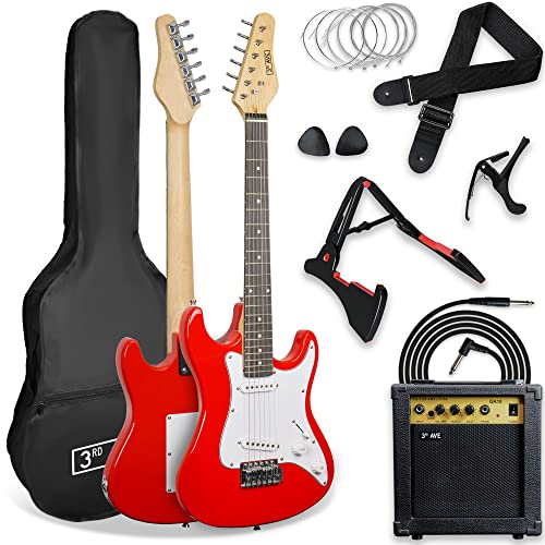 3rd Avenue XF 3/4 Size E-Gitarre Ultimate Kit Mit 10-W-Verstärker, Digitalem Stimmgerät, Kabel, Ständer, Gigbag, Gurt, Ersatzsaiten, Plektren, Kapodaster - Rot von 3rd Avenue