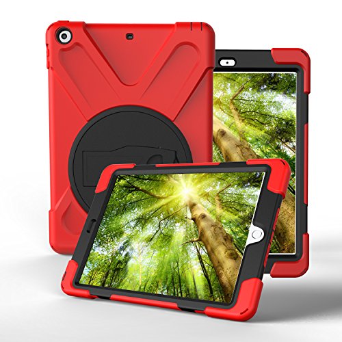 360 Grad drehbare Halterung, 3-in-1, stoßfest, Hybrid-Schutzhülle mit Ständer für iPad 5. / 6. Generation/iPad 9,7 Zoll A1822/A1823 2017/2018 rot rot von 4-Seasons