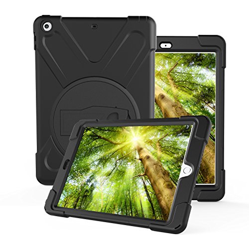 360 Grad drehbare Halterung, 3-in-1, stoßfest, Hybrid-Schutzhülle mit Ständer für iPad 5. / 6. Generation/iPad 9,7 Zoll A1822/A1823 2017/2018 schwarz Schwarz von 4-Seasons