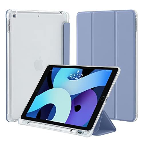 4UBonLife Hülle für iPad 9. 8. 7. Generation mit Stifthalter 10,2 Zoll 2021/2020/2019, Ultradünne Leichte Schutzhülle, Weich TPU Durchscheinend Rückseite Smart Cover für iPad 10.2", Lavendelgrau von 4UBonLife
