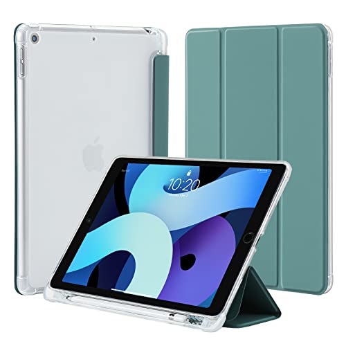 4UBonLife Hülle für iPad 9. 8. 7. Generation mit Stifthalter 10,2 Zoll 2021/2020/2019, Ultradünne Leichte Schutzhülle, Weich TPU Durchscheinend Rückseite Smart Cover für iPad 10.2 Zoll, Nachtgrün von 4UBonLife