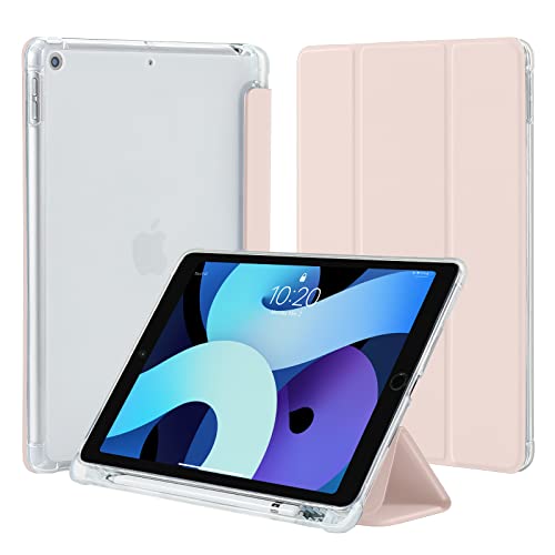 4UBonLife Hülle für iPad 9. 8. 7. Generation mit Stifthalter 10,2 Zoll 2021/2020/2019, Ultradünne Leichte Schutzhülle, Weich TPU Durchscheinend Rückseite Smart Cover für iPad 10.2 Zoll, Rosa von 4UBonLife