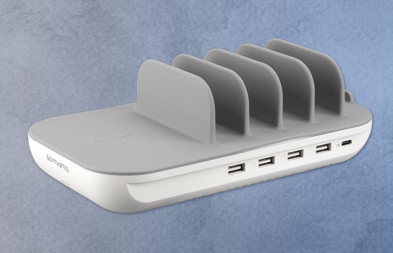 4smarts Ladestation Family Evo 63W mit Qi Wireless Charger Ladepad, USB C PD, 4 USB A Ports - Ladegerät für Mehrere Geräte [5 Kabel Inklusive USB-C, Micro-USB, Lightning] - Grau/Weiß (462326) von 4smarts