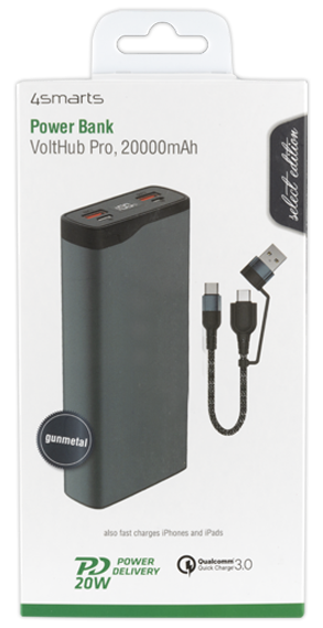 4smarts VoltHub Pro - Select Edition - Powerbank - 20000 mAh - 74 Wh - 22,5 Watt - 5 A - Huawei Fast Charge, PD 2,0, PD 3,0, QC 2,0, QC 3,0, AFC, SCP - 3 Ausgabeanschlussstellen (2 x USB, USB-C) - Gun Metal (468778) von 4smarts