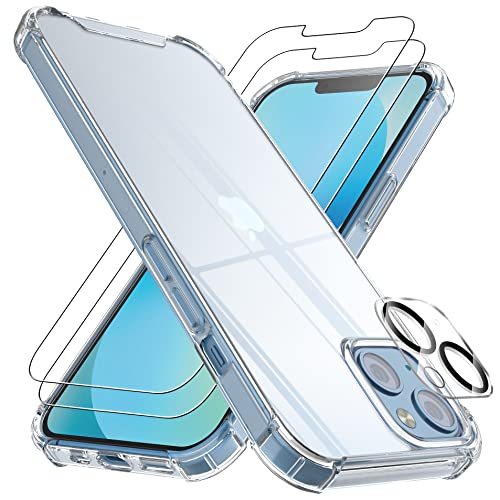 4youquality (4 in 1 Hülle für iPhone 13 Hülle mit [2 Pack Displayschutzfolie aus gehärtetem Glas + 1 Pack Kameraobjektivschutz], Airbag Fallschutz, Transparent Clear Bumper Handyhülle für iPhone 13 von 4youquality