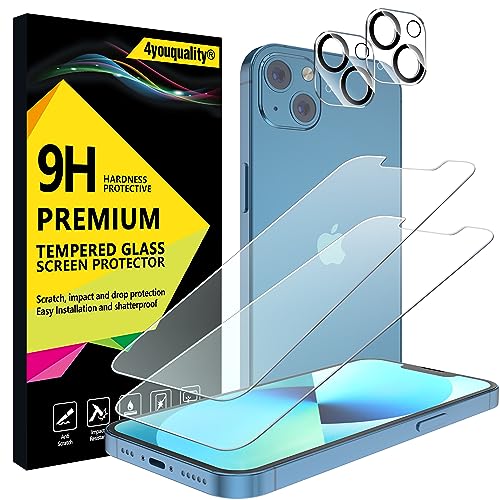 4youquality [4-in-1 Displayschutzfolie für iPhone 13 mit Kameraobjektivschutz, Panzerglasfolie, je 2 Stück, [LifetimeSupport][Stoßfest][Anti-Kratzen][Ultra-Transparent] von 4youquality