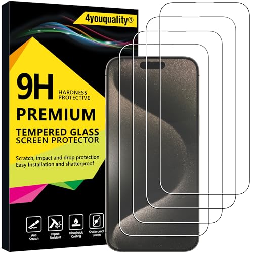 4youquality [4er-Pack Displayschutzfolie für iPhone 15 Pro Max (6,7 Zoll), gehärtete Glasfolie, [LifetimeSupport][Stoßschutz][Anti-Shatter][Anti-Scratch] von 4youquality