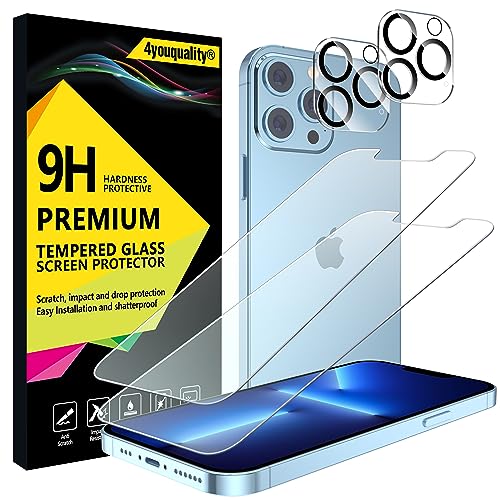 4youquality Displayschutzfolie für iPhone 13 Pro Max mit Kameraobjektivschutz, Panzerglasfolie, je 2 Stück, [stoßfest] [Anti-Kratzen] [Splitterschutz] [Ultra-klar] von 4youquality