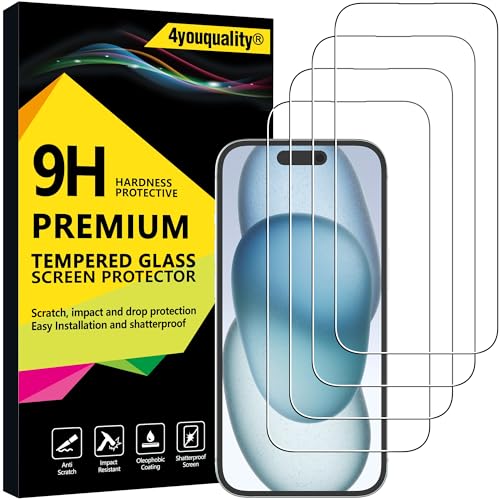 4youquality [4er-Pack Displayschutzfolie für iPhone 15 (6,1 Zoll), gehärtete Glasfolie, [LifetimeSupport][Stoßschutz][Anti-Shatter][Anti-Scratch] von 4youquality