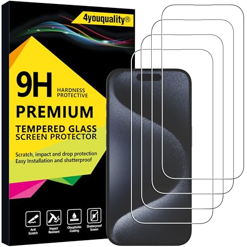 4youquality Displayschutzfolie für iPhone 15 Pro (6,1 Zoll), gehärtetes Glas, lebenslange Unterstützung, Stoßschutz, Splitterschutz, kratzfest, 4 Stück von 4youquality