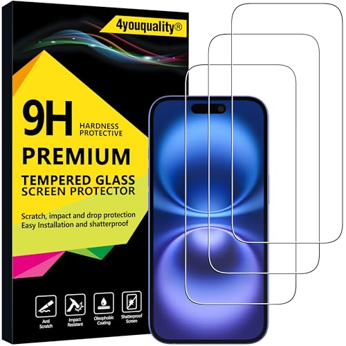 4youquality Displayschutzfolie für iPhone 16 (6,1 Zoll), gehärtetes Glas, lebenslange Unterstützung, Aufprallschutz, Splitterschutz, kratzfest, 3 Stück von 4youquality