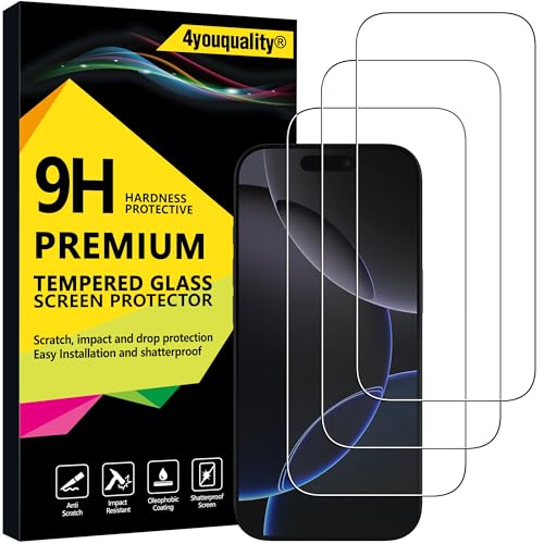 4youquality Displayschutzfolie für iPhone 16 Pro (6,3 Zoll), gehärtetes Glas, lebenslange Unterstützung, Aufprallschutz, Splitterschutz, kratzfest, 3 Stück von 4youquality
