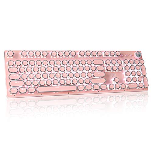 Gaming-Tastatur im Retro-Stil, Steampunk-Stil, blaue Schalter, reinweiße Hintergrundbeleuchtung, USB-Kabel, für PC, Laptop, Desktop-Computer, für Spiel und Büro, stilvolle rosa mechanische Tastatur, runde Tastenkappen von 5665