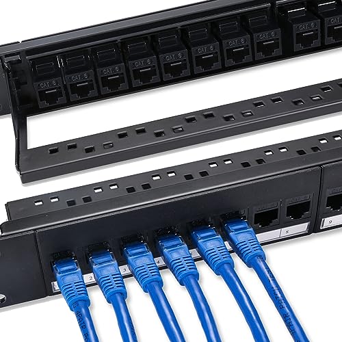 6COMGIGA 24 RJ45 Port Cat6 Koppler Patch Panel mit UTP Durchgang, abnehmbare Rückleiste, 1U 19 Zoll Inline Keystone Netzwerk Patch Panel für Cat6, Cat5e, Cat5 Verkabelung von 6COMGIGA