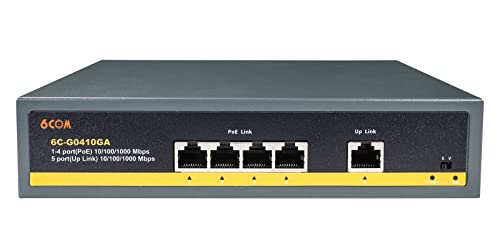 6COMGIGA 5-Port-Gigabit-PoE-Switch mit 4 Ports PoE+ 100/1000 Mbit/s, 1 Port 100/1000 Mbit/s UP-Link, 802.3af/at 78 W, integrierte Stromversorgung, lüfterlos, Nicht verwaltetes Plug & Play von 6COMGIGA