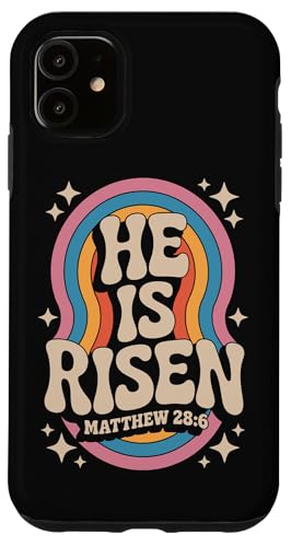 He Is Risen Matthew 28:6 Christian Retro Rainbow Bibelvers Hülle für iPhone 11 von 70s Hippie Christian Scripture Retro Bible Quote