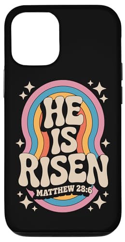He Is Risen Matthew 28:6 Christian Retro Rainbow Bibelvers Hülle für iPhone 12/12 Pro von 70s Hippie Christian Scripture Retro Bible Quote
