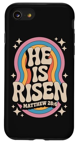 He Is Risen Matthew 28:6 Christian Retro Rainbow Bibelvers Hülle für iPhone SE (2020) / 7 / 8 von 70s Hippie Christian Scripture Retro Bible Quote