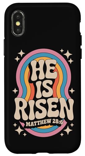 He Is Risen Matthew 28:6 Christian Retro Rainbow Bibelvers Hülle für iPhone X/XS von 70s Hippie Christian Scripture Retro Bible Quote