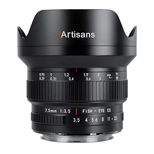 7artisans MF 7,5 mm F3,5 APS-C 205 ° Ultra-Weitwinkel, manuelles Fischaugenobjektiv, kompatibel mit Canon EF DSLR-Objektiv für 80D 200D, Schwarz von 7artisans