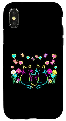 Katzen Katze Herz Kätzchen Valentin Retro 80er Kinder Blume Hülle für iPhone X/XS von 80er 90er Katzen Retro Katze Vintage