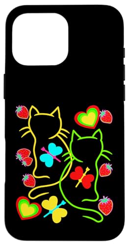 Katzen Katze Kinder Kind Retro Erdbeer Kätzchen Sommer Herz Hülle für iPhone 16 Pro Max von 80er 90er Katzen Retro Katze Vintage
