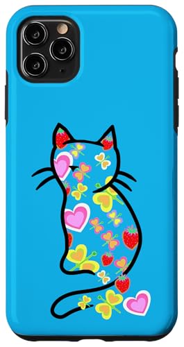 Retro 80er Sommer Katze Katzen Schmetterlinge Erdbeeren Hülle für iPhone 11 Pro Max von 80er 90er Katzen Retro Katze Vintage