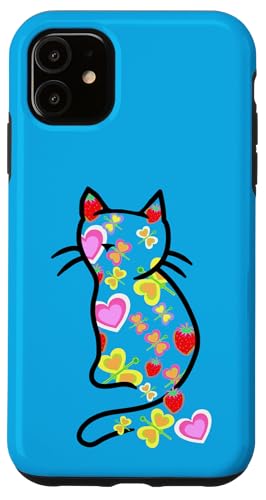 Retro 80er Sommer Katze Katzen Schmetterlinge Erdbeeren Hülle für iPhone 11 von 80er 90er Katzen Retro Katze Vintage