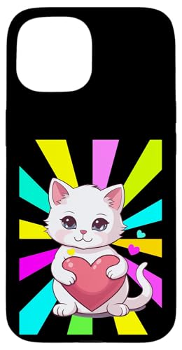 Retro Katze Katzen Herz Herzen Valentin Kätzchen 80er Kinder Hülle für iPhone 15 von 80er 90er Katzen Retro Katze Vintage
