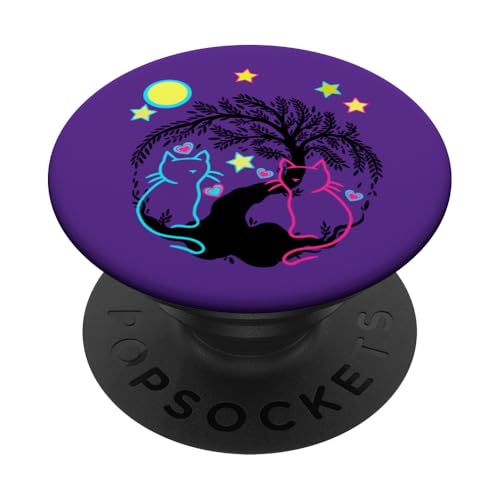 Retro Katzen Kätzchen Katze Vintage 80er 90er mystisch Mond PopSockets Klebender PopGrip von 80er 90er Katzen Retro Katze Vintage