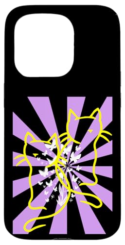 Retro Sommerzeit Katzen Katze Blumen Schmetterlinge Insekt Hülle für iPhone 15 Pro von 80er 90er Katzen Retro Katze Vintage