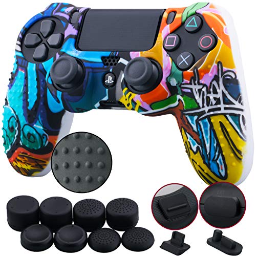 9CDeer 1 Stück von Silikon Besetzt Wassertransfer Schutz Ärmel Fall Abdeckung Haut Hülle Cover Skin +8 Daumengriffe Analoge Kappen + 2Staubdicht Stecker für PS4/Slim/Pro Controller Graffiti von 9CDeer