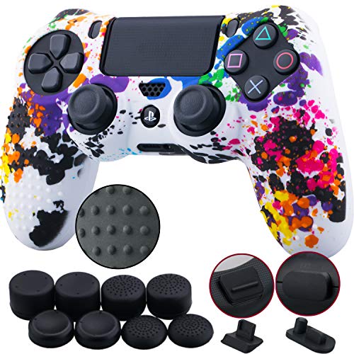 9CDeer 1 Stück von Silikon Besetzt Wassertransfer Schutz Ärmel Fall Abdeckung Haut Hülle Cover Skin +8 Daumengriffe Analoge Kappen +2 Staubdicht Stecker für PS4/Slim/Pro Controller Graffiti spritzend von 9CDeer