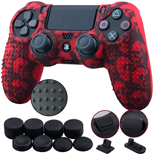 9CDeer 1 Stück von Silikon Wassertransfer Schutz Ärmel Fall Abdeckung Haut Hülle Cover Skin +8 Aufsätze Daumengriffe Analoge Kappen +2 Staubdicht Stecker für PS4/Slim/Pro Controller Schädel rot von 9CDeer