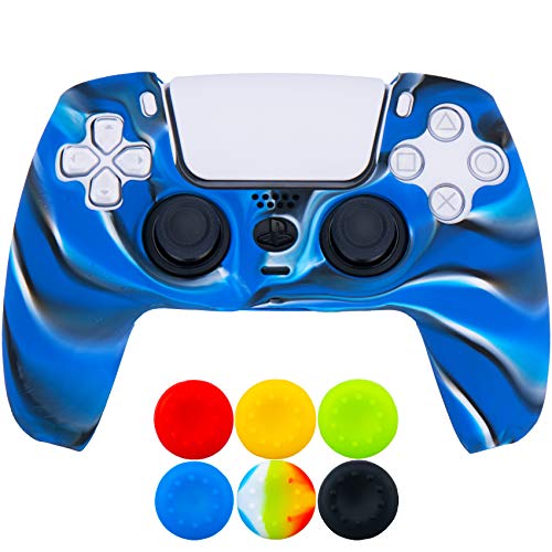 9CDeer 1 x Stück Schutzfolie Silikon Dick Hülle + 6 Thumb Grips für Playstation 5 / PS5 Controller Tarnung blau von 9CDeer