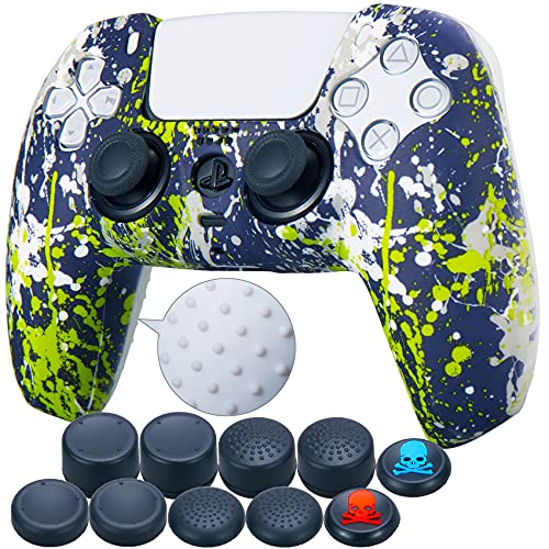 9CDeer 1 x Stück Schutzfolie Transferdruck Silikon Dick Hülle + 10 Thumb Grips für Playstation 5 / PS5 Controller Grünes Graffiti von 9CDeer