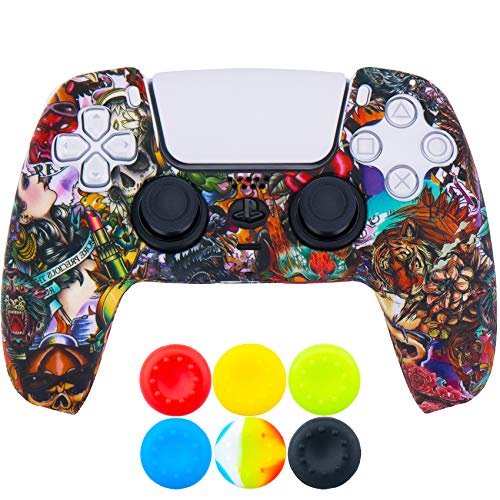 9CDeer 1 x Stück Schutzfolie Transferdruck Silikon Dick Hülle + 6 Thumb Grips für Playstation 5 / PS5 Controller Monster von 9CDeer