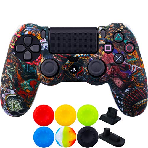 9CDeer 1 x Stück Schutzfolie Transferdruck Silikon Hülle + 6 Thumb Grips & Staubdichte Stecker für PS4/Slim/Pro-Controller Monster von 9CDeer