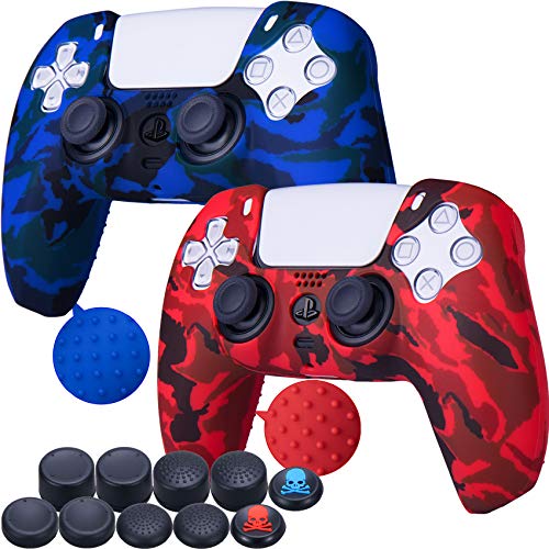 9CDeer 2 x Stück Schutzfolie Transferdruck Silikon Dick Hülle + 10 Thumb Grips für Playstation 5 / PS5 Controller streichen rot & blau von 9CDeer