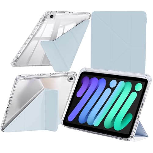 Hülle Kompatibel mit iPad Mini (A17 Pro, 2024, 7. Generation) / iPad Mini 6 2021 mit Stifthalter, Klare Stoßfest Schutzhülle, 6-in-1 Y Fold Ständer, Auto Schlafen/Wachen, Hellblau von A-BEAUTY