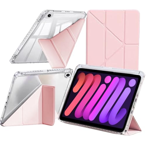 Hülle Kompatibel mit iPad mini (A17 Pro, 2024, 7. Generation) / iPad mini 6 2021 mit Stifthalter, Klare Stoßfest Schutzhülle, 6-in-1 Y Fold Ständer, Auto Schlafen/Wachen, Rosa von A-BEAUTY