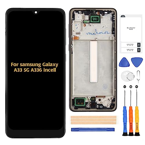 A-MIND Ersatzbildschirm für Samsung Galaxy A33 5G A336 (mit Rahmen) A336B A336E A336M A3360 LCD Display Touchscreen Digitizer Vollmontage-Reparaturset, mit Werkzeug von A-MIND